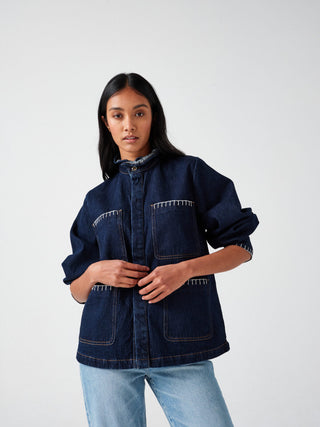 Pablo Frill Collar Jacket with Ecru Stitch Detail by Seventy Mochi - Black, Dark Denim, Peony Pink and Vintage Americana