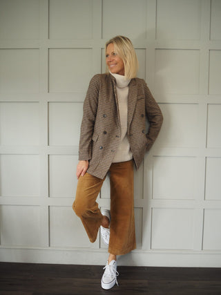 Atlanta Wide Leg, Cropped, Mid-Rise Corduroy Trousers - Camel