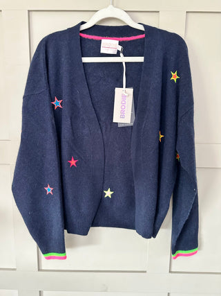 Cashmere Cardigan by Brodie - Navy Blue with Neon Star Embroidery