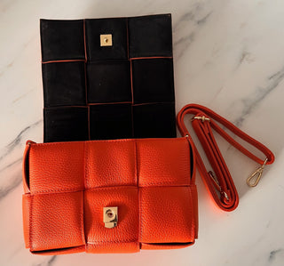 Jerry Leather Square Woven Design Bag with Gold Clasp Fastening - Black, Blue, Orange and Taupe