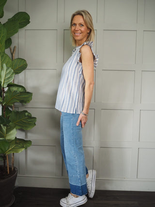 Grace Cap Sleeves Top - Blue/Off White Stripes