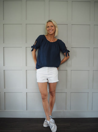 Denim Shorts with Frayed Hem - Off White