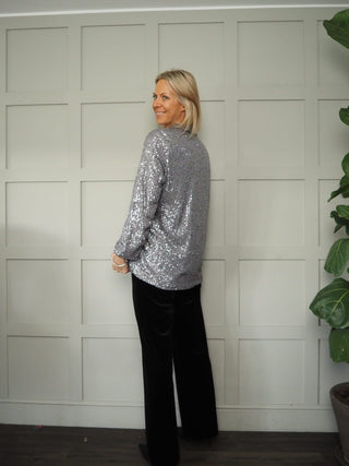 Jolie Sequin Blazer with Lapel and Faux Front Pockets - Black, Green, Silver