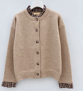 Sullivan Cardigan with Tartan Collar, Cuff and Button Detail - Navy Blue, Taupe