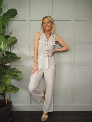 Evali Short Sleeve Linen Jumpsuit with V Neck &amp; Collar, Button Fastening - Navy Blue and Stone