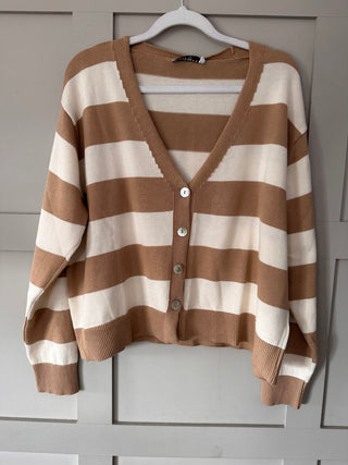 Simi Striped Cardigan with Button Fastenings - Camel/Off White
