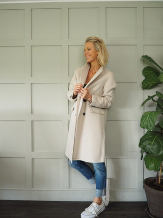 Jenci Double Breasted Handmade Coat, Wool Mix with Lapel Collar, Pockets &amp; Buttoned Cuffs by Rino &amp; Pelle - Night and Stone