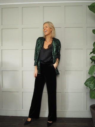 Jolie Sequin Blazer with Lapel and Faux Front Pockets - Black, Green, Silver