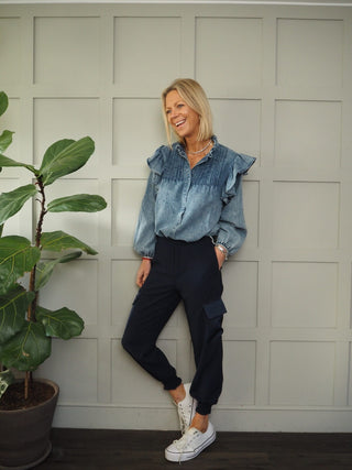 Eugenie Frilly Denim Shirt - Blue