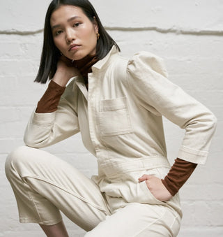 Lorna Organic Cotton Mix Jumpsuit, Slightly Cropped Straight Leg by Seventy Mochi - Ecru and Dark Vintage