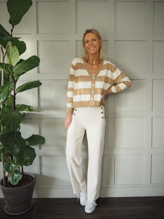 Simi Striped Cardigan with Button Fastenings - Camel/Off White