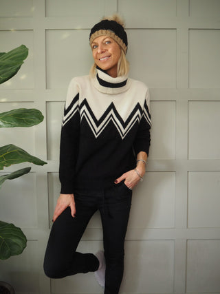 Andrea Pom Pom Hat - Black with Camel Stripe