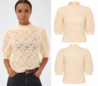 Dorthie Pointelle Jumper with Cropped Sleeves by Part Two - Black, Cream