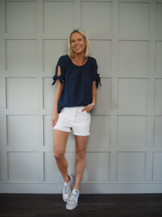 Denim Shorts with Frayed Hem - Off White
