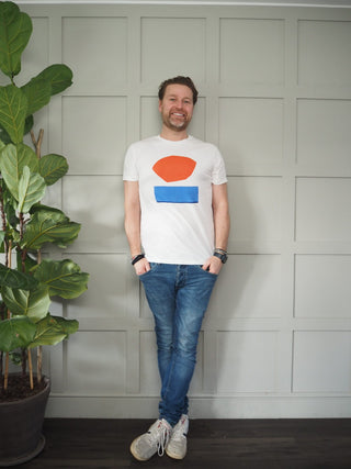 Men’s Atardecer Cotton T-Shirt by Thinking Mu - Off White with Orange/Cobalt Blue Logo