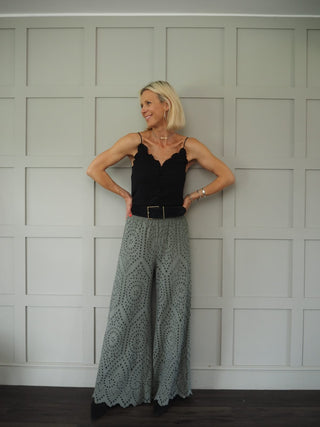 Penelope Wide Leg Broderie Anglaise Trousers - Khaki
