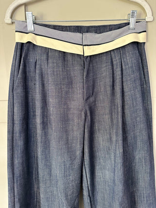 Wispa Cotton Wide Leg Trousers with Stripy &amp; Cream Waistband - Black