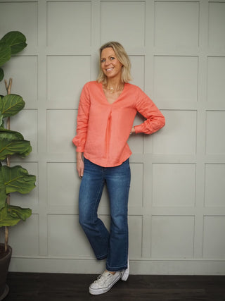 Pandy V Neck Long Sleeved Linen Blouse - Stone