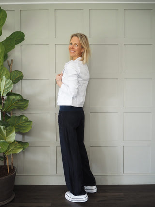 Ralliella Cropped Denim Jacket with Ruffle Shoulder &amp; Collar Detail, Button Fastening - White