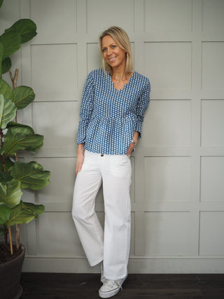 Celeste Long Sleeved Floral Top - Denim Blue