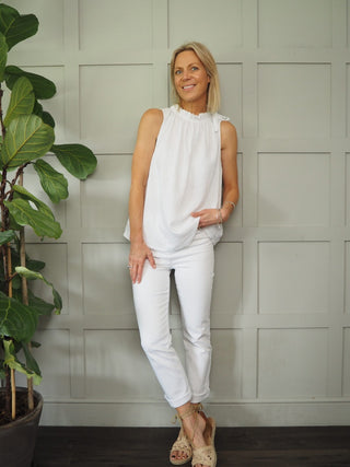 Verity Sleeveless Top with Tie Shoulder Detail - Baby Pink,  Black, White