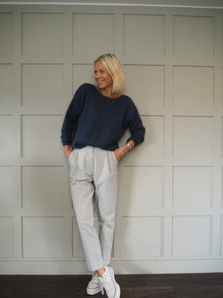 Lauren Cotton Trousers - Navy Blue/Off White Stripes