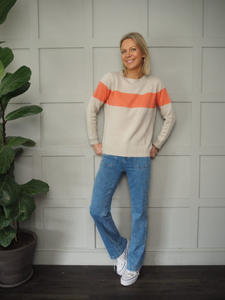 Belly Round Neck Cashmere Mix Jumper with Ribbed Detail - Oatmeal/Papaya Stripe