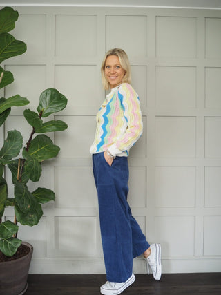 Prunella Corduroy Cropped, Wide Leg, High Waist Trousers by Frnch - Blue