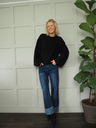 Hope Balloon Sleeve Round Neck Jumper by Moss Copenhagen - Black, Cocoa and Ecru