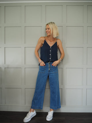 Pops Camisole Button Front with Gold Piping - Navy Blue