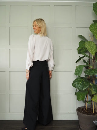 Risico Long Sleeve Silk Feel Tie Front Blouse by Emme - Black