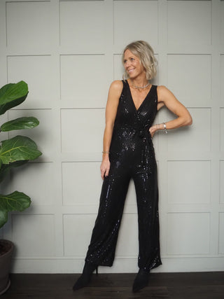 Tess Sleeveless Sequin Jumpsuit with V Shaped ‘Wrap’ Neckline &amp; Waist Tie &amp; Straight Leg - Silver