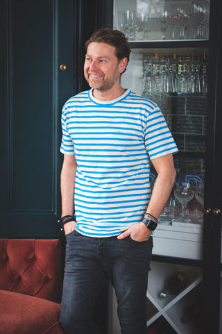 Men's Aingura Cotton T-Shirt by Loreak Mendian - Off White/Blue Striped with Logo