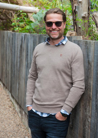 Men’s Rudy Round Neck Cotton Jumper - Stone with Logo