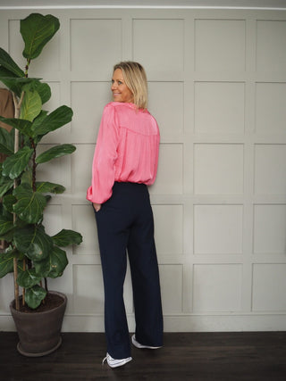 Silk Mix Long Sleeved Blouse with Button Fastenings and Frill Detail - Black