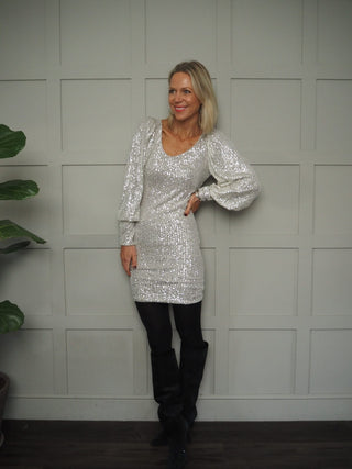 Isla Sequin V-Neck Dress with Balloon Sleeves - Silver
