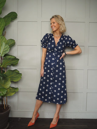 Gabrielle Cotton Midi Dress with Embroidered Detail by Frnch - Navy Blue