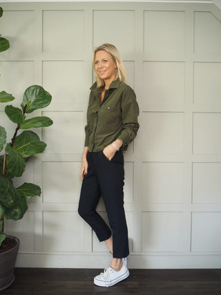 Cori Velvet Feel Shacket with Ribbed Effect &amp;Tortoise Shell Button Fastening - Khaki