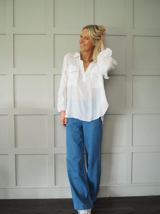 Flynn Blouse with Frill Detail - Cream, Pink, White