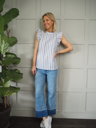 Grace Cap Sleeves Top - Blue/Off White Stripes