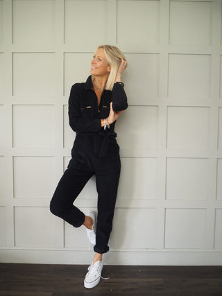 Reve Long Sleeved Corduroy Jumpsuit with Front Zipper Fastening &amp; Chest Pockets - Navy