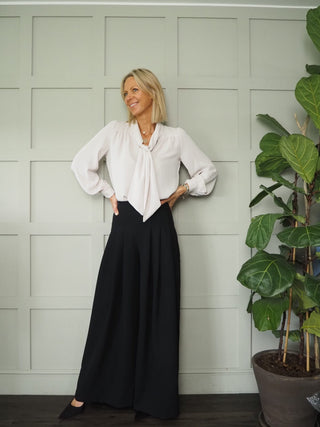 Risico Long Sleeve Silk Feel Tie Front Blouse by Emme - Black