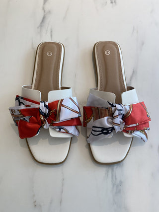 Sandals White Faux Leather with Red and White Satin Bow