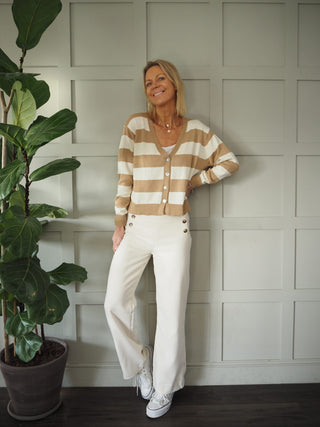 Simi Striped Cardigan with Button Fastenings - Camel/Off White