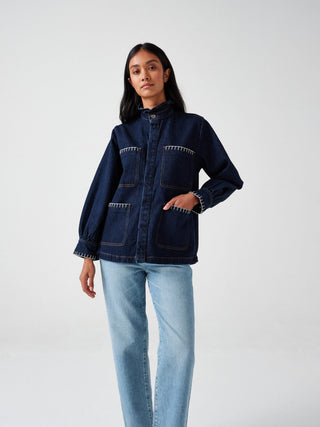 Pablo Frill Collar Jacket with Ecru Stitch Detail by Seventy Mochi - Black, Dark Denim, Peony Pink and Vintage Americana