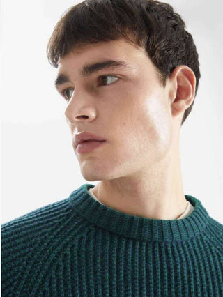 Men's Duo Round Neck Chunky Knit Jumper - Green/Navy, Ochre/Camel