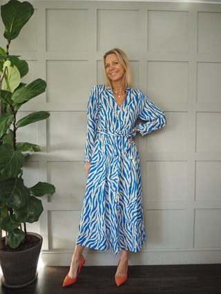 Esra V-Neck Dress - Blue/Cream