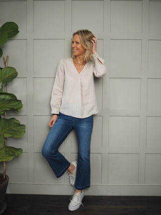Pandy V Neck Long Sleeved Linen Blouse - Off White