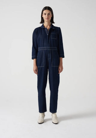 Lorna Organic Cotton Mix Jumpsuit, Slightly Cropped Straight Leg by Seventy Mochi - Ecru and Dark Vintage