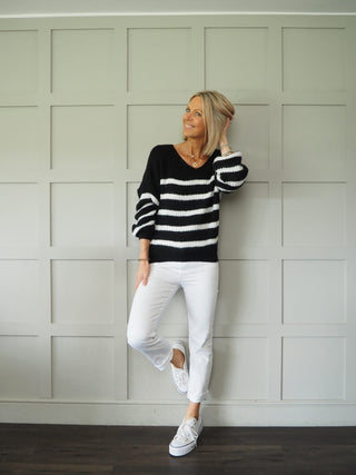 Mahina V-Neck, Striped Jumper - Khaki, Light Blue